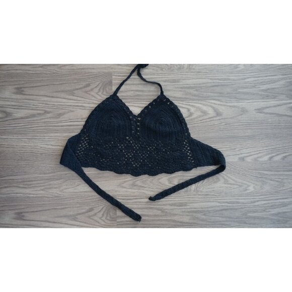 Black Crochet Halter Bralette | Boho Festival Crop Top | Adjustable Tie-Back - Picture 8 of 8